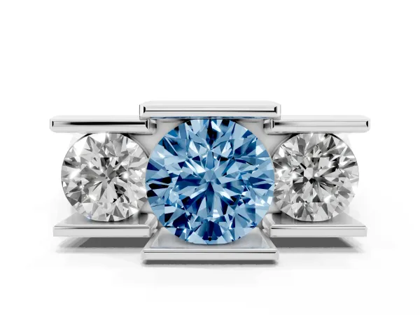 Fancy Blue Three Stone Round Cut Cut Channel Set Diamond Ring Platinum