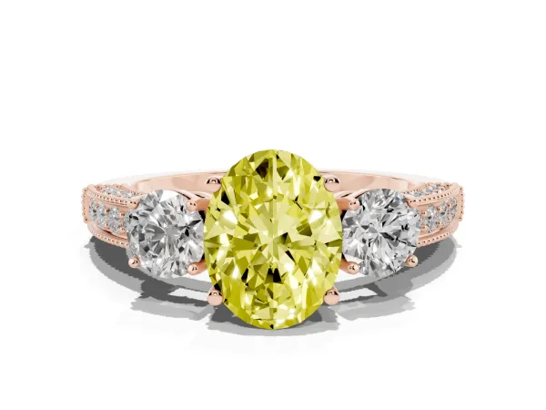 Fancy Yellow Oval Cut Three-Stone Diamond Ring with Pavé Band and Four-Prong Setting Rose gold