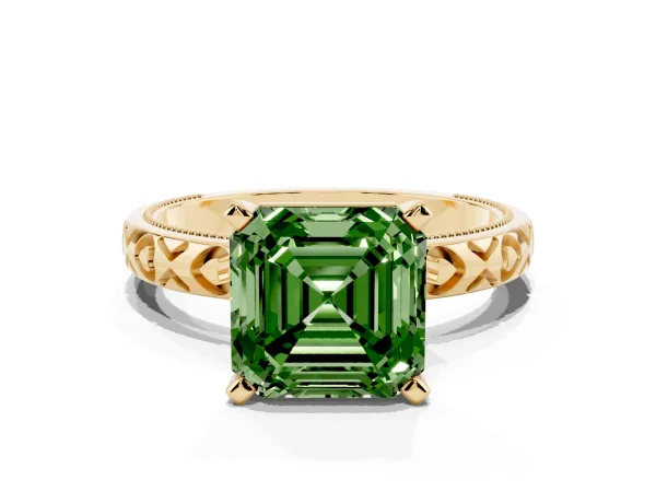 Fancy Green Asscher Cut Solitaire Diamond Engagement Ring with XO Engraved Band and Four-Prong Setting Yellow gold