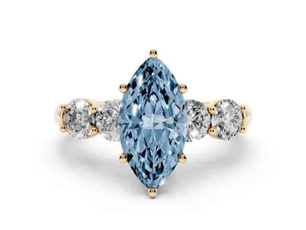 Fancy Blue Marquise Cut Cut Five-Stone Prong Set Diamond Ring with Classic Band Yellow gold