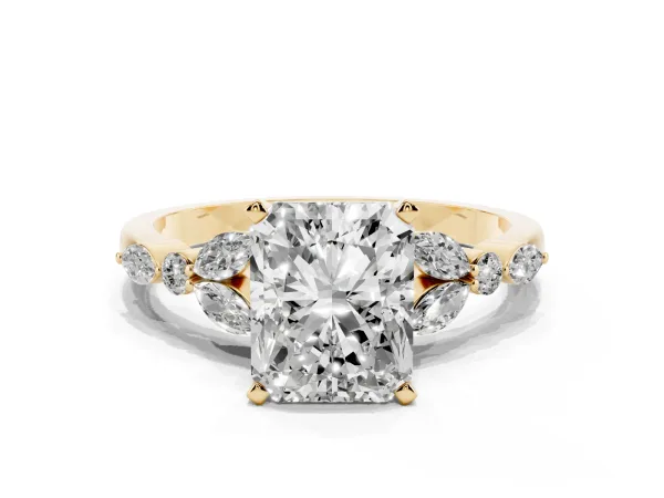 Radiant Cut Diamond Solitaire Ring with Side Stones and Four-Prong Setting Yellow gold
