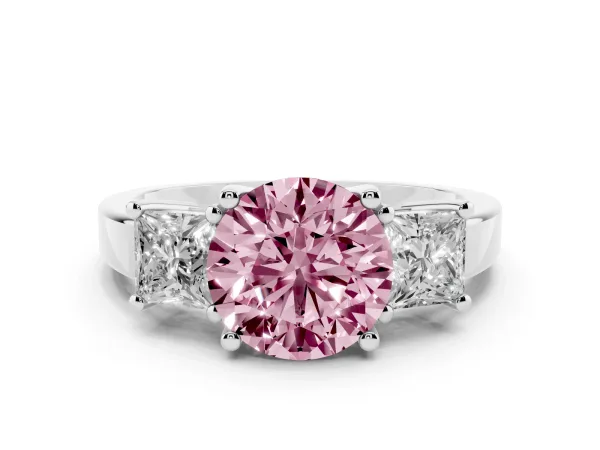 Fancy Pink Three-Stone Round Cut Cut Solitaire Ring with Prong Setting Platinum