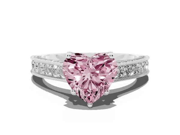 Fancy Pink Heart Cut Cut Diamond Solitaire Ring with Milgrain Pave Band and Four Prong Setting White gold