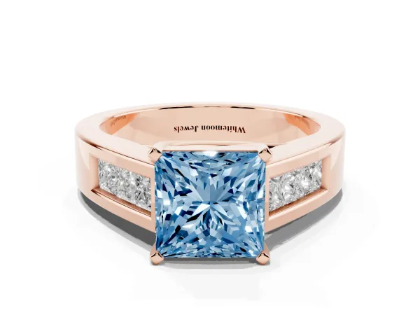 Fancy Blue Princess Cut Cut Channel Set Solitaire Ring with Four-Prong Setting Rose gold