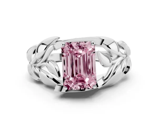 Fancy Pink Emerald Cut Diamond Leaf-Inspired Engagement Ring with Round Accents and Prong Setting Platinum