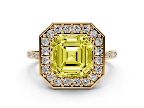 Fancy Yellow Asscher Cut Diamond Halo Ring with Split Shank and Four-Prong Setting Yellow gold