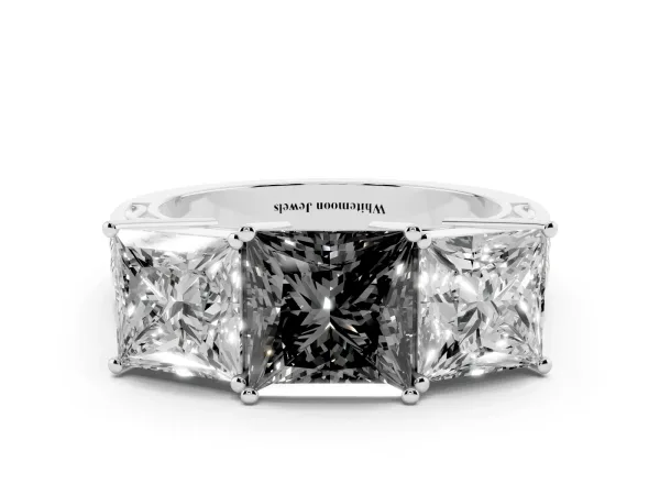 Fancy Black Princess Cut Diamond Three-Stone Ring with Prong Setting and Textured Band Platinum