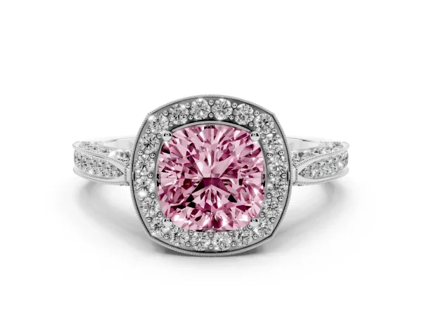Fancy Pink Cushion Cut Halo Diamond Engagement Ring with Split Shank Band and Four-Prong Setting Platinum