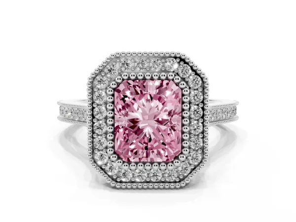 Fancy Pink Radiant Cut Diamond Halo Ring with Milgrain Frame and Pavé Band Platinum