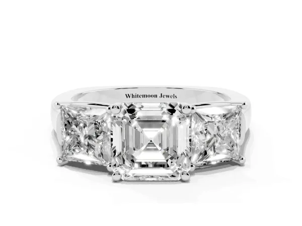 Three-Stone Asscher Cut Brilliant Diamond Trellis Ring with Comfort Fit Band Platinum