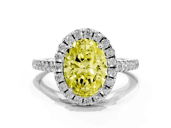 Fancy Yellow Oval Cut Halo Pavé Diamond Engagement Ring with Four-Prong Setting Platinum