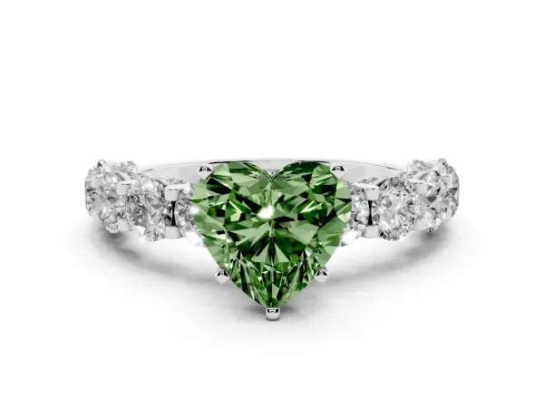 Fancy Green Heart Cut Diamond Side Stone Engagement Ring with Four-Prong Setting Platinum
