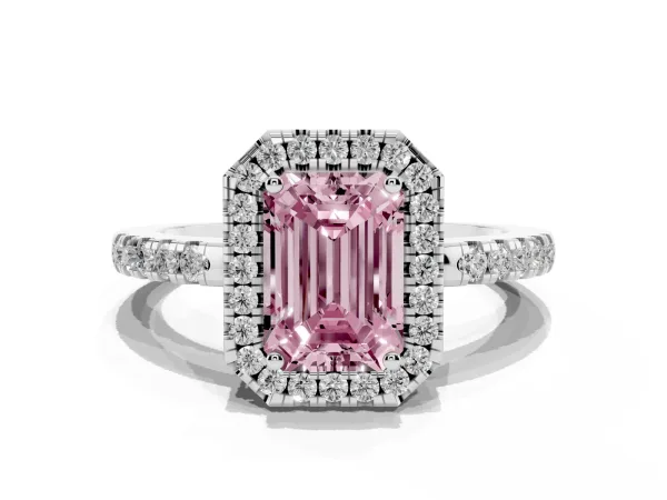 Fancy Pink Emerald Cut Halo Diamond Engagement Ring with Pavé Band and Four-Prong Setting Platinum