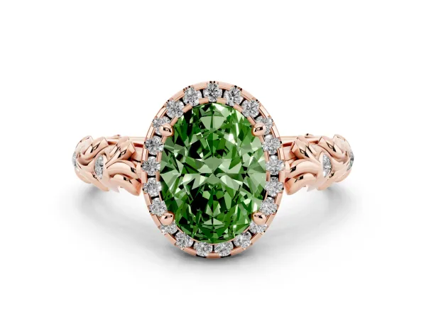 Fancy Green Oval Cut Diamond Halo Ring with Filigree Band and Prong Setting Rose gold