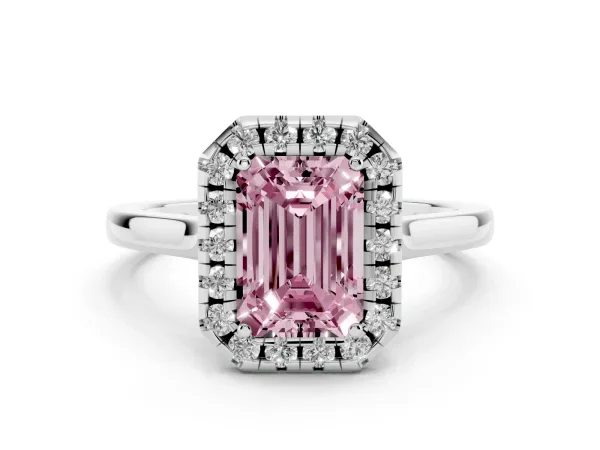 Fancy Pink Emerald Cut Halo Round Diamond Solitaire Ring with Pavé Band and Four-Prong Setting White gold