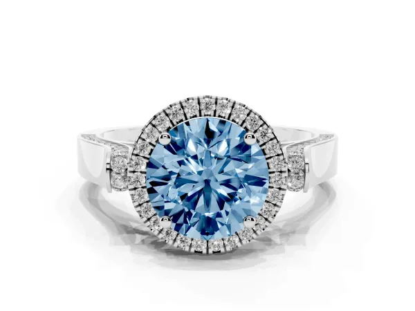 Fancy Blue Round Cut Halo Round Diamond Twist Band with Four-Prong Setting Platinum
