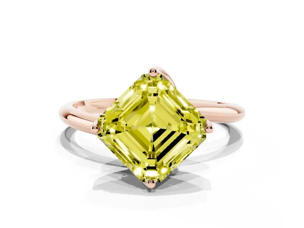 Fancy Yellow Asscher Cut Diamond Solitaire Engagement Ring with Four-Prong Setting and Classic Band Rose gold