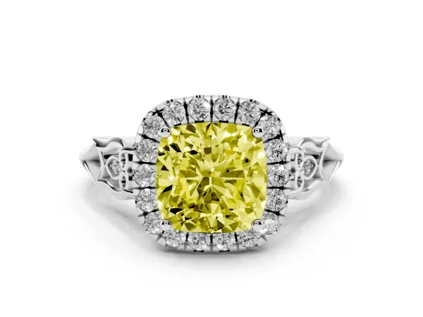 Fancy Yellow Cushion Cut Halo Diamond Engagement Ring with Filigree Band and Four-Prong Setting Platinum