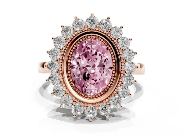 Fancy Pink Oval Cut Halo Diamond Ring with Milgrain Edge and Round Prong Setting Rose gold