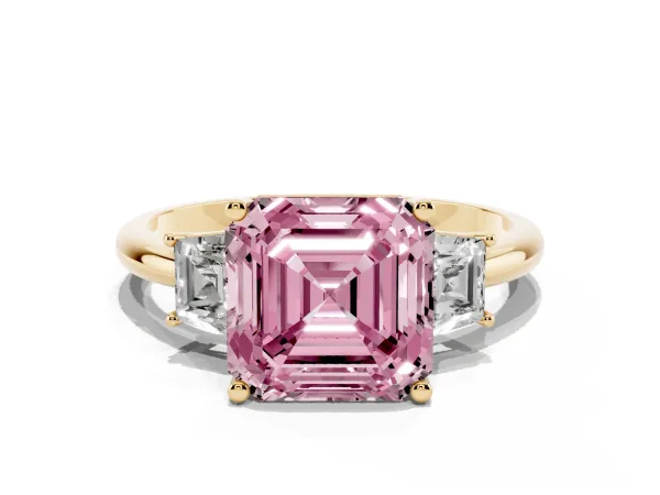 Fancy Pink Asscher Cut Diamond Three-Stone Ring with Trapezoid Side Stones and Prong Setting Yellow gold