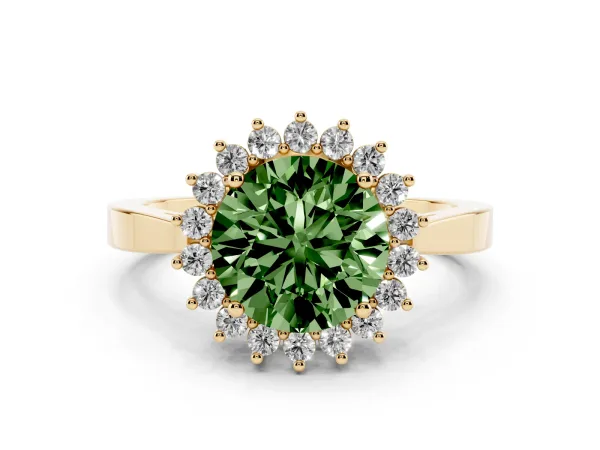 Fancy Green Round Cut Cut Diamond Halo Ring with Round Brilliant Halo and Solitaire Band Yellow gold