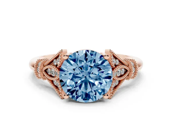 Fancy Blue Round Cut Diamond Solitaire Ring with Floral Filigree and Pave Accents Rose gold