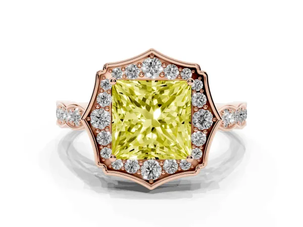 Fancy Yellow Princess Cut Halo Diamond Engagement Ring with Milgrain Band and Four-Prong Setting Rose gold
