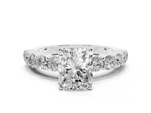 Radiant Cut Diamond Solitaire Ring with Shared Prong Round Side Stones White gold