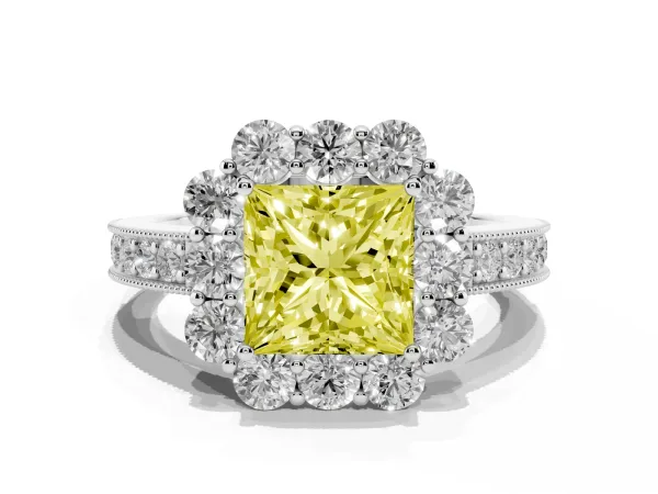 Fancy Yellow Princess Cut Cut Halo Diamond Pavé Engagement Ring with Milgrain Detailing Platinum