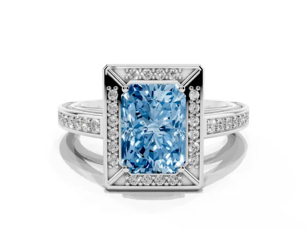 Fancy Blue Radiant Cut Cut Halo Pave Split Shank Prong Setting Ring White gold