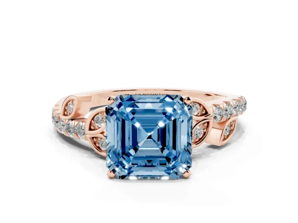 Fancy Blue Asscher Cut Solitaire Leaf-Inspired Diamond Ring with Pavé Band and Four-Prong Setting Rose gold