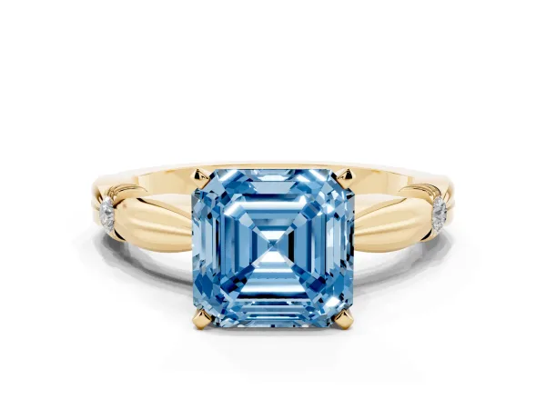 Fancy Blue Asscher Cut Solitaire Diamond Twisted Band with Four-Prong Setting Yellow gold