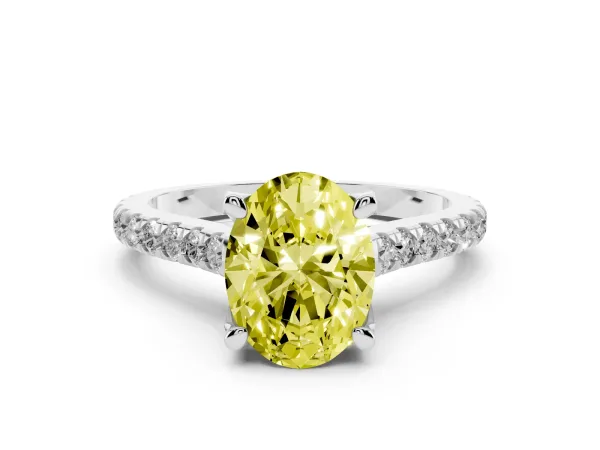Fancy Yellow Oval Cut Brilliant Diamond Solitaire with Pavé Band and Four-Prong Setting White gold