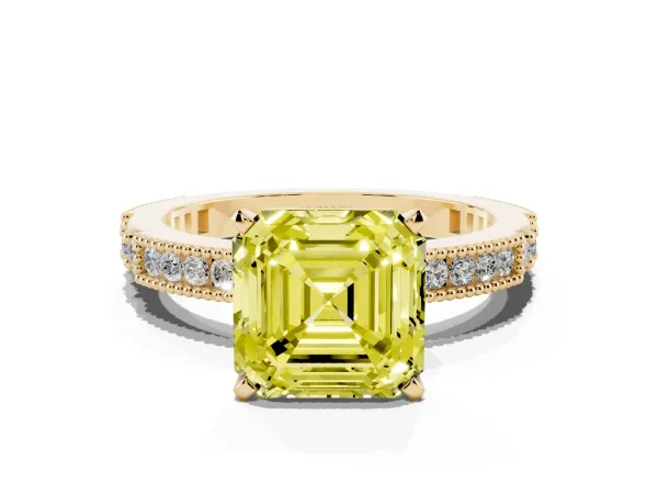 Fancy Yellow Asscher Cut Solitaire with Pavé Band and Four-Prong Setting Yellow gold