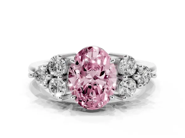 Fancy Pink Oval Cut Brilliant Diamond Cluster Accent Solitaire Ring with Prong Setting Platinum