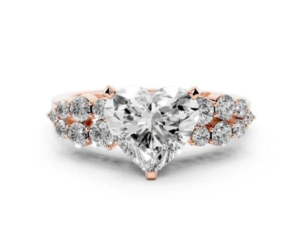 Heart Cut Cluster Diamond Engagement Ring with Pavé Band and Four-Prong Setting Rose gold