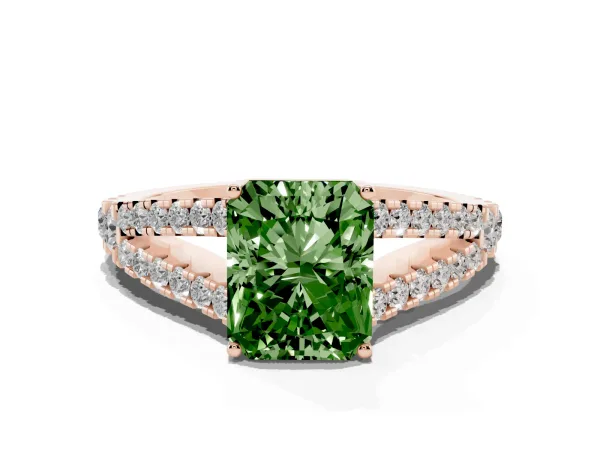 Fancy Green Radiant Cut Diamond Split Shank Pavé Engagement Ring with Four-Prong Setting Rose gold