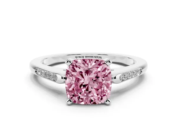 Fancy Pink Cushion Cut Diamond Solitaire Ring with Channel Set Round Band and Prong Setting White gold