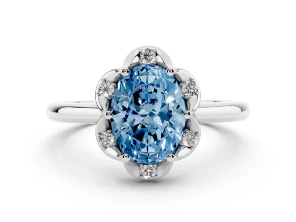 Fancy Blue Oval Cut Halo Diamond Ring with Round Cluster Setting, Solitaire Band, and Four-Prong Setting White gold