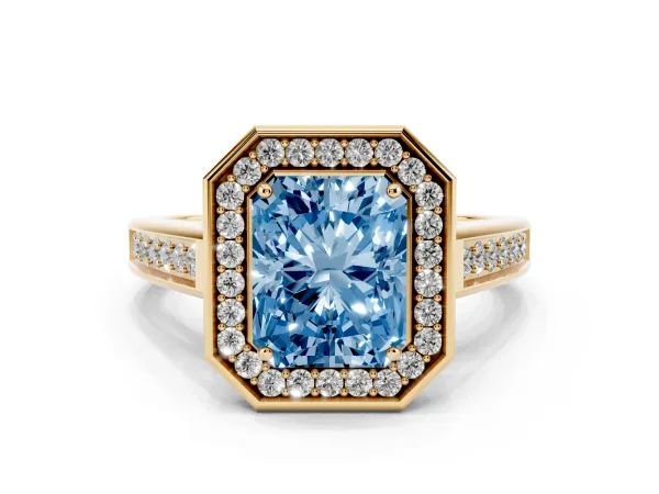 Fancy Blue Radiant Cut Halo Solitaire Diamond Ring with Pave Band and Bezel Setting Yellow gold