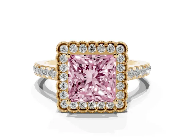 Fancy Pink Princess Cut Cut Diamond Milgrain Floral Halo Engagement Ring with Pavé Band Yellow gold