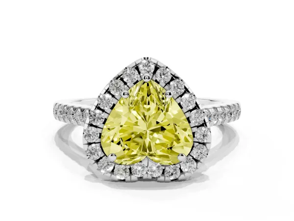 Fancy Yellow Heart Cut Halo Pavé Diamond Engagement Ring with Four-Prong Setting Platinum