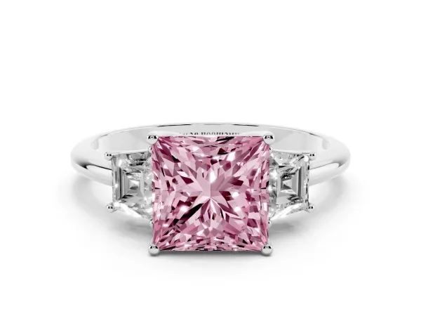 Fancy Pink Princess Cut Diamond Three-Stone Ring with Trapezoid Side Stones and Prong Setting Platinum