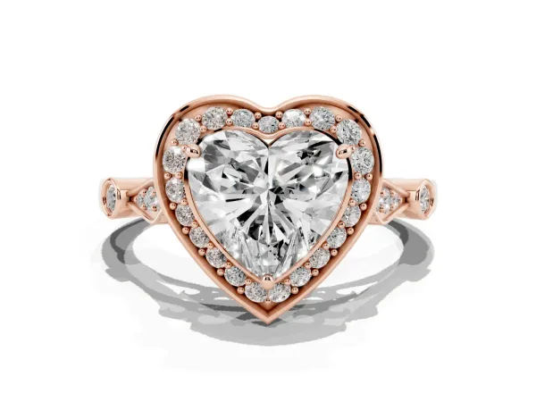 Heart Cut Halo Diamond Engagement Ring with Twisted Band and Four-Prong Setting Rose gold