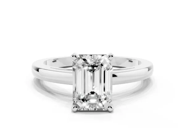 Emerald Cut Solitaire Diamond Engagement Ring with Four-Prong Setting on a Classic Band Platinum