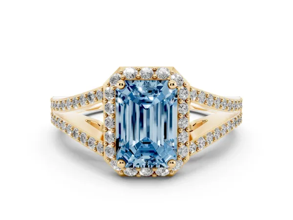 Fancy Blue Emerald Cut Halo Split Shank Pave Diamond Ring with Four-Prong Setting Yellow gold