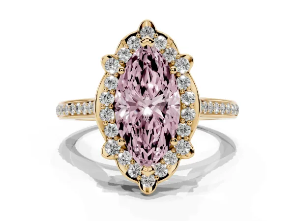 Fancy Pink Marquise Cut Halo Round Diamond Pave Band with Four-Prong Setting Yellow gold