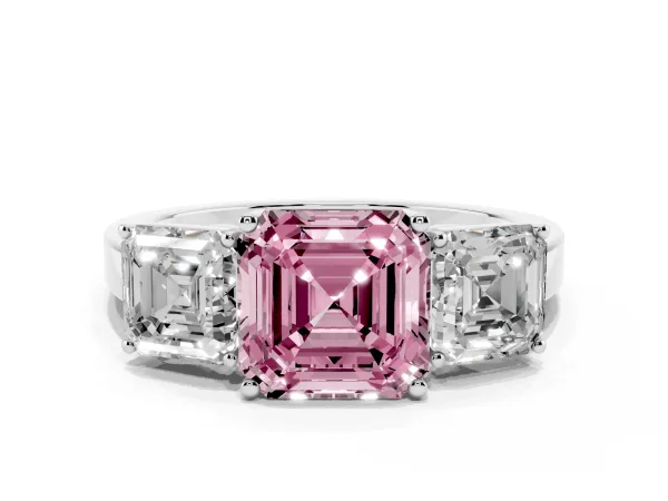 Fancy Pink Three-Stone Asscher Cut Cut Diamond Engagement Ring with Flat Band and Four-Prong Setting Platinum