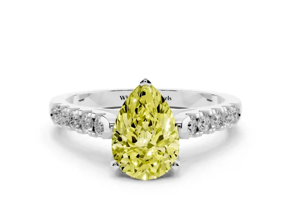 Fancy Yellow Pear Cut Diamond Pavé Band Solitaire Ring with Prong Setting Platinum