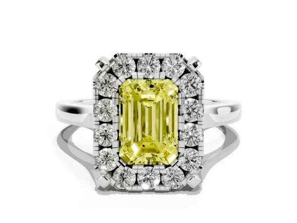 Fancy Yellow Emerald Cut Diamond Cluster Halo Solitaire with Four-Prong Setting Platinum